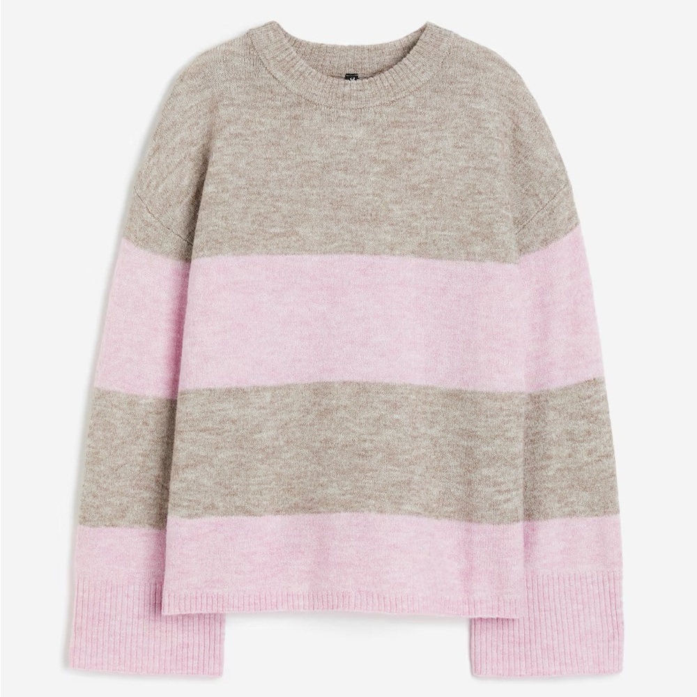 H&M Pink and Gray Striped Crew Neck Sweater